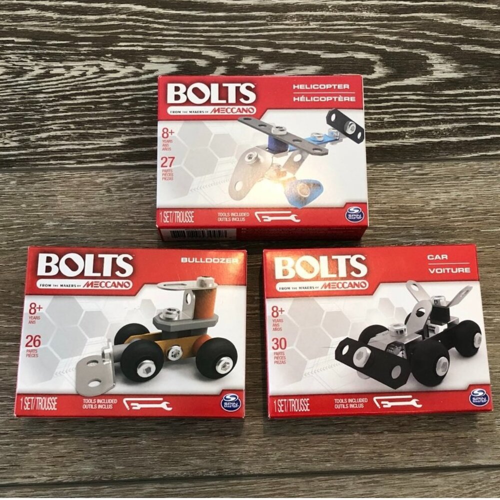 NWT Meccano Bolts Toys 3 Sets Bulldozer Car Helicopter Cool!!